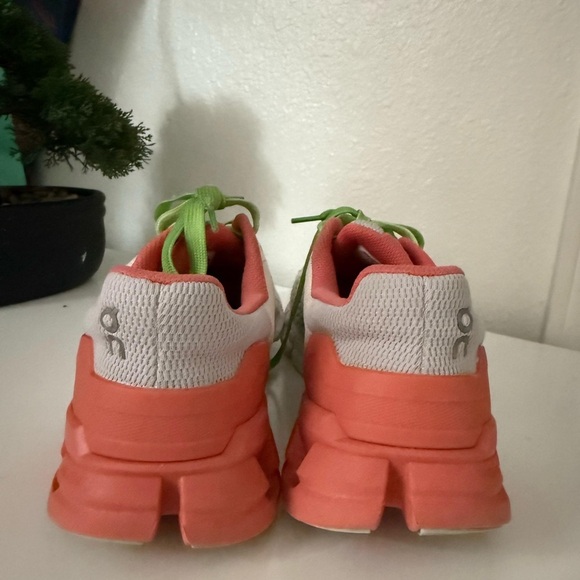 On Running Women's Athletic Shoes in White and Coral with Green Laces - Picture 7 of 8